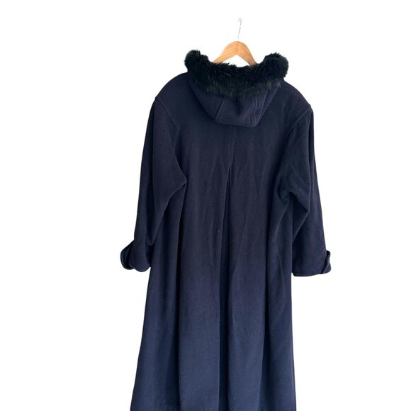 Vintage Eaton’s Utex Wool Cashmere Navy Blue Long Coat Fur Hood Lined Sz 14 - Picture 2 of 7